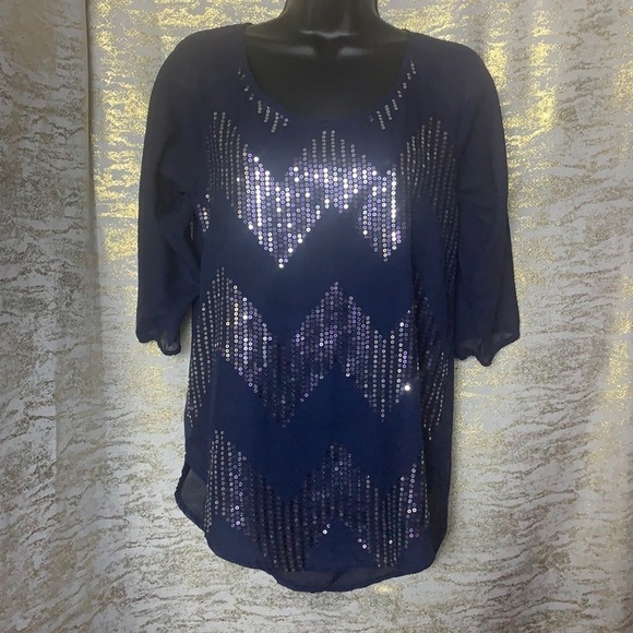 Rue 21 Navy Blue 3/4 Sleeve Sequinned Sheer Blouse Size XS - Picture 2 of 13